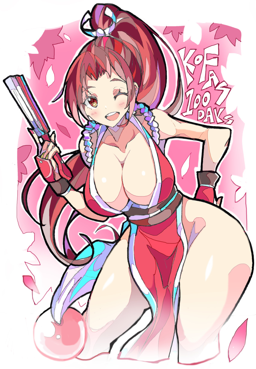 1girl ;d closed_fan collarbone enpe fan fatal_fury folding_fan groin hair_ribbon hand_on_hip high_ponytail highres holding holding_fan looking_at_viewer ninja no_panties one_eye_closed open_mouth pelvic_curtain ponytail red_eyes red_hair ribbon rope sash shimenawa shiranui_mai side_slit smile solo teeth the_king_of_fighters thick_thighs thighs white_ribbon