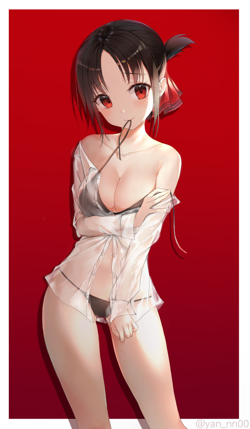 bikini breast_hold cleavage dress_shirt kaguya-sama_wa_kokurasetai_~tensai-tachi_no_renai_zunousen~ meliyannn open_shirt see_through shinomiya_kaguya swimsuits undressing