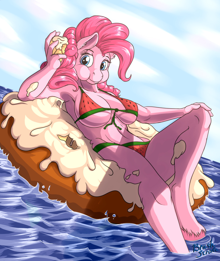 absurd_res anthro anthrofied big_breasts bikini breasts brushstroke clothing doughnut eating equid equine female food friendship_is_magic hi_res looking_at_viewer lying mammal my_little_pony on_back pinkie_pie_(mlp) solo swimwear water