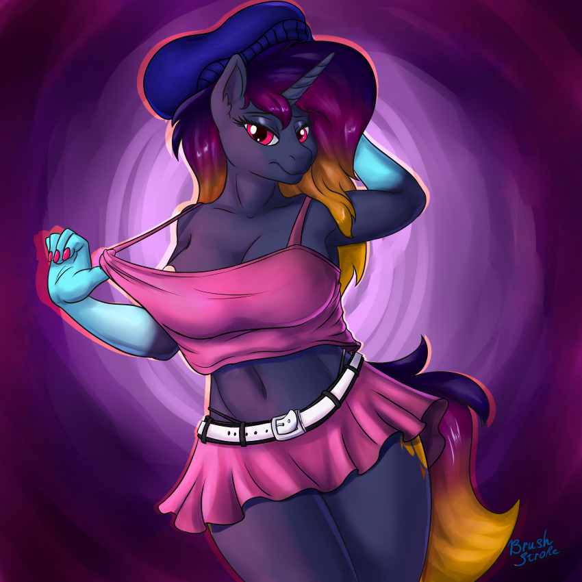 1:1 absurd_res anthro areola big_breasts bottomwear breasts brushstroke cleavage clothed clothing cutie_mark equid equine female hi_res horn mammal miniskirt my_little_pony red_eyes skirt solo teasing unicorn