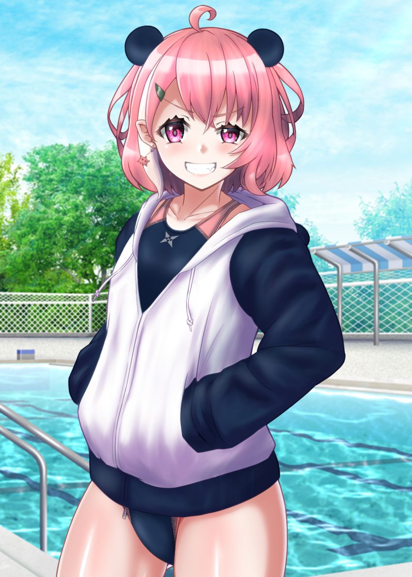 1girl ahoge animal_ears animal_hood bangs black_swimsuit blue_sky chain-link_fence cloud commentary_request competition_swimsuit cowboy_shot day fence grin hair_ornament hairclip hands_in_pockets highres hood hooded_jacket hoodie jacket nijisanji one-piece_swimsuit outdoors panda_ears panda_hood pink_eyes pink_hair pointy_ears pool poolside sasaki_saku short_hair sky smile solo standing swimsuit swimsuit_under_clothes tree two-tone_jacket virtual_youtuber yurinozuku1112 zipper zipper_pull_tab