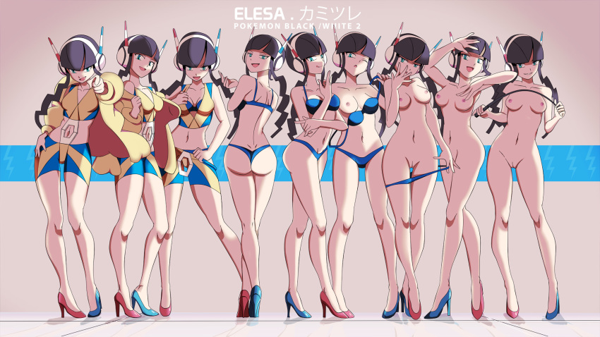 1girl :q aqua_eyes ass back bangs bare_arms bare_legs bare_shoulders bike_shorts black_hair blue_bra blue_panties blunt_bangs bra breasts character_name cleft_of_venus closed_mouth collarbone commentary copyright_name cropped_vest english_commentary full_body fur_coat gym_leader headphones high_heels highres jacket jojo_pose kamitsure_(pokemon) licking_lips long_sleeves looking_at_viewer medium_breasts midriff multicolored multicolored_clothes navel nipples nude open_clothes open_jacket open_mouth panties parted_bangs photoshop_(medium) pointing pointing_at_viewer pokemon pokemon_(game) pose puffy_sleeves pussy short_hair short_hair_with_long_locks shorts sidelocks smile solo standing stomach thigh_gap tongue tongue_out topless underwear underwear_only undressing vest vivivoovoo