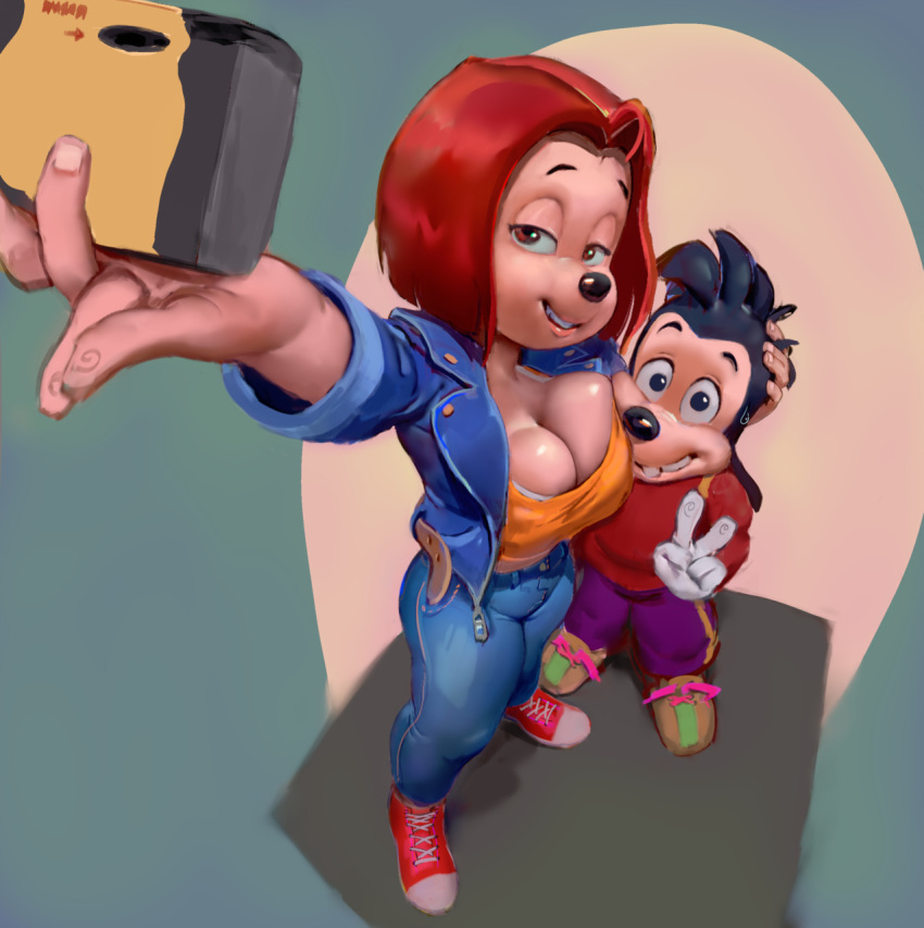 anthro big_breasts breasts camera canid canine canis cleavage clothed clothing debbie_dune disney domestic_dog female flo footwear gesture goof_troop hair hi_res male mammal max_goof red_hair selfie shoes sneakers v_sign young