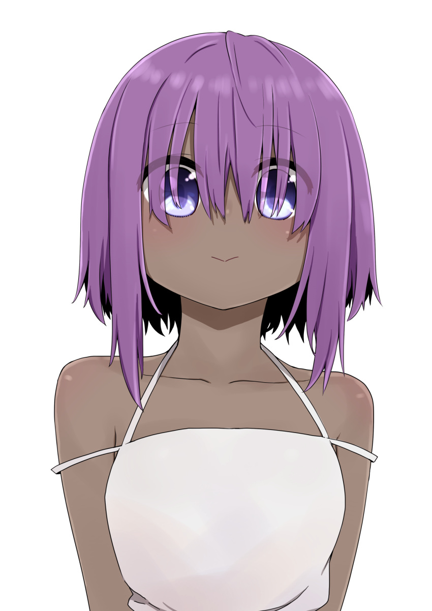 1girl :&gt; bare_shoulders blush breasts closed_mouth collarbone dark_skin dress eyes_visible_through_hair fate/prototype fate/prototype:_fragments_of_blue_and_silver fate_(series) hair_over_eyes hassan_of_serenity_(fate) highres i.u.y purple_eyes purple_hair simple_background sleeveless sleeveless_dress small_breasts smile solo upper_body white_background white_dress