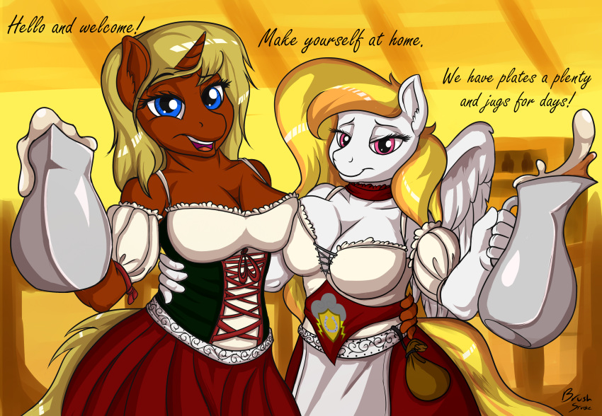 absurd_res anthro barmaid beverage big_breasts blonde_hair blue_eyes breast_squish breasts breasts_frottage brushstroke cleavage clothed clothing dialogue dress duo equid equine female hair hi_res horn mammal my_little_pony open_mouth pegasus squish unicorn white_body wings