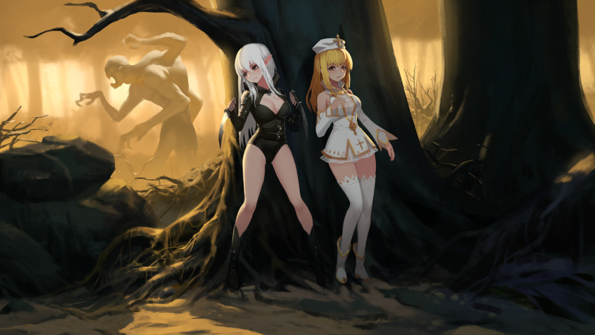 1other against_tree belt black_footwear black_leotard blonde_hair boots braid breasts cleavage dagger detached_sleeves dress dual_wielding elf extra_arms forest full_body game_cg hand_on_own_chest hat hiding holding legs leotard long_hair monster mretsis nature original outdoors pointy_ears red_eyes short_dress silver_hair thighhighs thighs tree weapon white_dress white_footwear white_headwear white_legwear white_sleeves yellow_eyes zettai_ryouiki