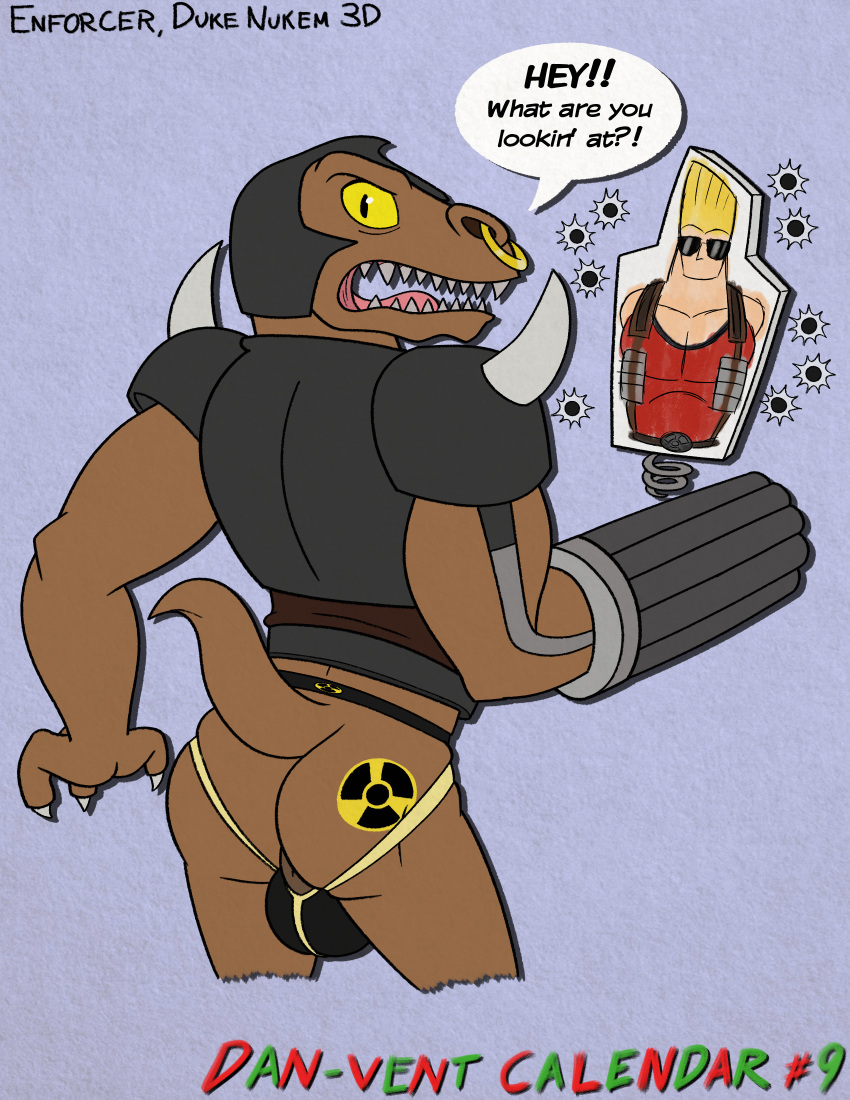 2020 alien anthro balls blu3danny butt cartoon_network claws clothing dialogue duke_nukem_(character) duke_nukem_(series) enforcer_(duke_nukem) english_text facial_piercing fangs genitals gun hi_res jockstrap johnny_bravo looking_at_viewer looking_back machine_gun male nose_piercing nose_ring open_mouth piercing ranged_weapon rear_view reptile scalie solo speech_bubble target_practice tattoo text tongue underwear video_games weapon yellow_sclera