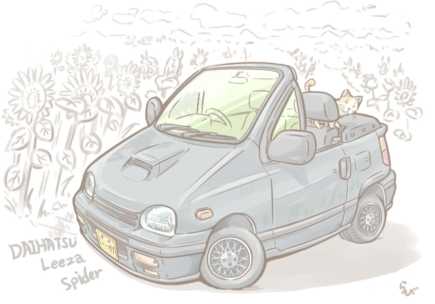 artist_name car cloud convertible daihatso_leeza daihatsu flower foglight ground_vehicle headlight license_plate motor_vehicle no_humans original plant rabienu rear-view_mirror seat signature simple_background steering_wheel sunflower tail_lights tire