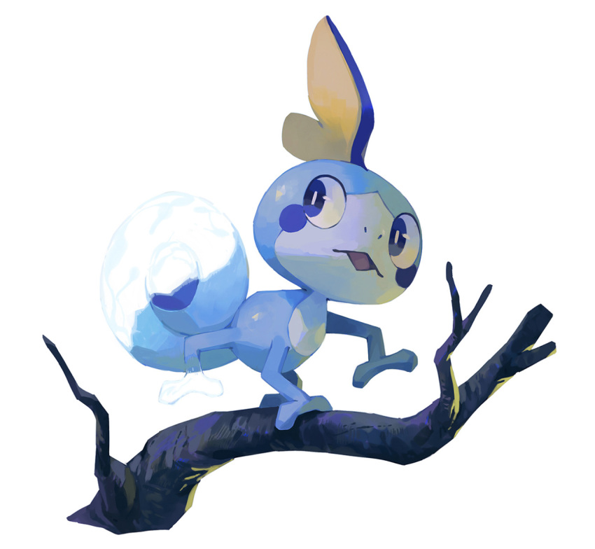 2019 amphibian blue_body blue_eyes bluekomadori feral looking_aside nintendo open_mouth pok&eacute;mon pok&eacute;mon_(species) purple_tongue simple_background sobble solo tongue tree video_games white_background yellow_body