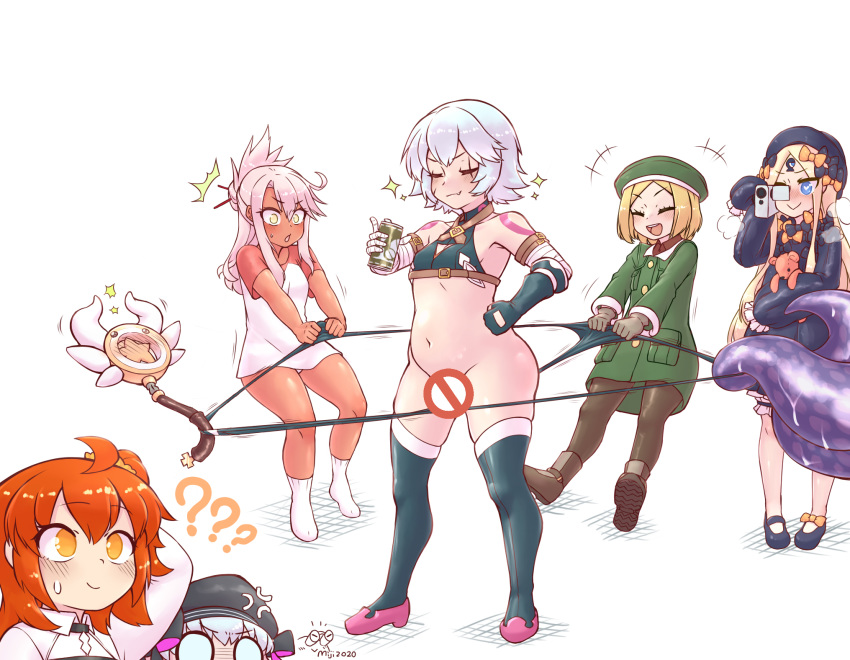 6+girls ?? abigail_williams_(fate/grand_order) ahoge anger_vein arm_belt bandaged_arm bandages bangs beret black_bow black_dress black_footwear black_gloves black_headwear black_legwear blonde_hair blue_eyes blush boots bow breasts brown_legwear can censored chaldea_uniform chloe_von_einzbern closed_eyes closed_mouth coat collared_jacket dark_skin dress eyelashes facial_scar fate/apocrypha fate/extra fate/grand_order fate/kaleid_liner_prisma_illya fate_(series) fingerless_gloves forehead fujimaru_ritsuka_(female) gloves green_coat green_jacket hair_bow hair_bun hair_ornament hairpin half_updo hat highres jack_the_ripper_(fate/apocrypha) jacket kaleidostick keyhole legs long_hair magical_ruby miji_doujing_daile multiple_bows multiple_girls navel novelty_censor nursery_rhyme_(fate/extra) one_side_up open_mouth orange_bow orange_eyes orange_hair panties panty_pull pantyhose parted_bangs paul_bunyan_(fate/grand_order) pink_hair purple_footwear raglan_sleeves scar scar_across_eye scar_on_cheek shirt short_sleeves shoulder_tattoo simple_background single_glove sleeves_past_fingers sleeves_past_wrists small_breasts smile socks sparkle stuffed_animal stuffed_toy tattoo teddy_bear tentacles thighhighs underwear video_camera wand white_background white_hair white_shirt yellow_eyes