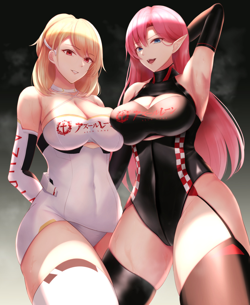 2girls :d absurdres arm_behind_head arm_up armpits azur_lane bangs bare_shoulders black_legwear black_leotard black_sleeves blonde_hair blue_eyes blush breasts cleavage collarbone commentary_request covered_navel cowboy_shot criss-cross_halter detached_sleeves duke_of_york_(azur_lane) eyebrows_visible_through_hair gloves hair_between_eyes hair_ornament hairclip halterneck highleg highleg_leotard highres large_breasts leotard long_hair looking_at_viewer multiple_girls open_mouth parted_bangs parted_lips pink_hair prince_of_wales_(azur_lane) race_queen red_eyes revision sidelocks skindentation sleeveless smile standing sweat swept_bangs tanpaku-chan thighhighs turtleneck_leotard upper_teeth white_gloves white_legwear white_leotard