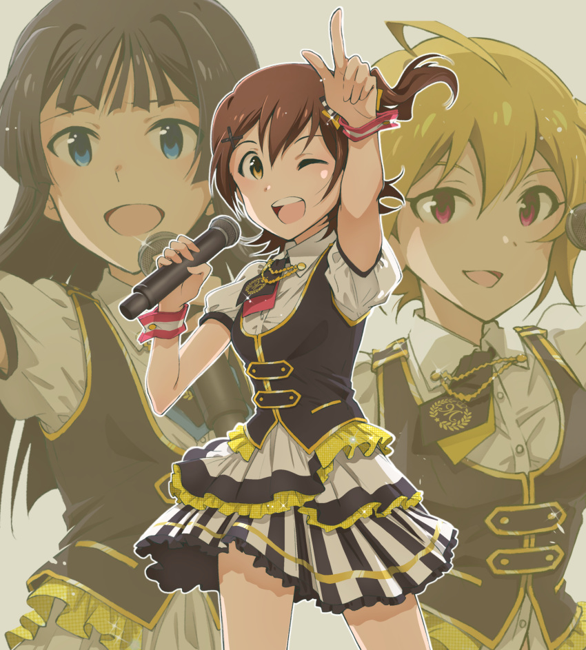 3girls black_hair black_vest blonde_hair blue_eyes brown_hair charin highres holding holding_microphone ibuki_tsubasa idol idol_clothes idolmaster idolmaster_million_live! kasuga_mirai microphone miniskirt mogami_shizuka multiple_girls music one_eye_closed open_mouth puffy_short_sleeves puffy_sleeves red_eyes shirt short_sleeves singing skirt vest white_shirt wrist_cuffs yellow_eyes