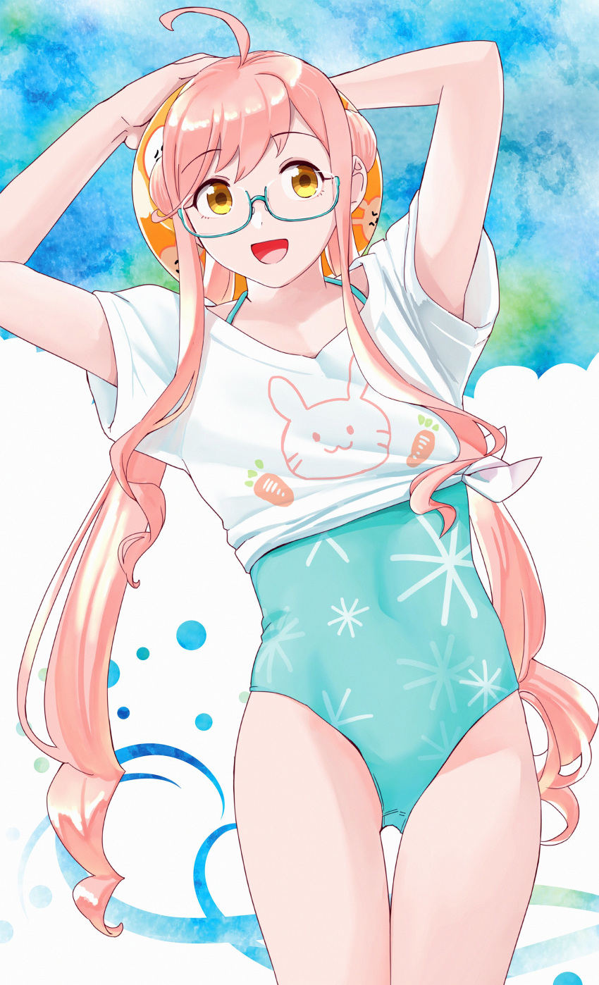 1girl absurdres ahoge arms_up ball bangs beachball cowboy_shot double_bun eyebrows_visible_through_hair glasses highres kantai_collection long_hair looking_at_viewer makigumo_(kantai_collection) ojipon one-piece_swimsuit open_mouth pink_hair smile solo standing swimsuit swimsuit_under_clothes twintails yellow_eyes