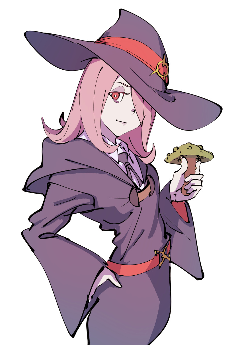 1girl absurdres black_neckwear hair_over_one_eye hand_on_hip hat highres holding_mushroom kr_ohoshisama little_witch_academia long_hair looking_at_viewer mushroom pale_skin pink_hair red_eyes robe school_uniform simple_background solo standing sucy_manbavaran white_background wide_sleeves witch_hat