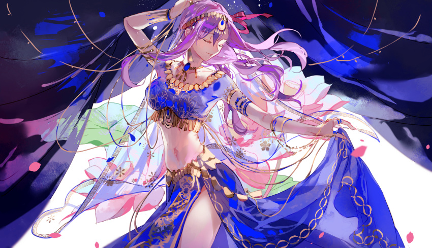 1girl bangs blue_skirt breasts circlet closed_eyes closed_mouth collarbone crop_top fate/grand_order fate_(series) flower hair_ribbon highres indian_clothes jewelry large_breasts long_hair long_skirt lotus matou_sakura midriff navel necklace parvati_(fate/grand_order) purple_hair ribbon sakuramochi1003 short_sleeves skirt thighs
