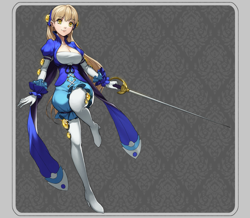 1girl absurdres blonde_hair breasts cleavage closed_mouth elbow_gloves eyebrows_visible_through_hair frills gem gloves high_heels highres holding holding_sword holding_weapon long_hair neko_sheep original puffy_sleeves smile solo sword weapon white_gloves white_legwear yellow_eyes