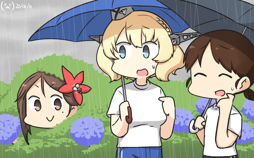 3girls alternate_costume amagi_(kantai_collection) bangs black_umbrella blonde_hair blue_eyes blue_pants blue_umbrella brown_eyes brown_hair bush closed_eyes colorado_(kantai_collection) commentary_request dated flower garrison_cap grey_headwear hair_flower hair_ornament hamu_koutarou hat headgear hiding highres kantai_collection leaf leaf_hair_ornament long_hair low_twintails maple_leaf mole mole_under_eye multiple_girls outdoors pants parted_bangs pointing rain shirayuki_(kantai_collection) shirt short_hair short_twintails side_braids sidelocks standing t-shirt track_pants twintails umbrella white_shirt