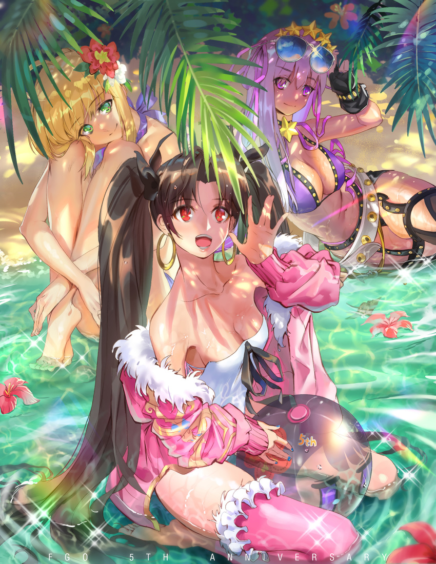3girls ahoge artoria_pendragon_(all) artoria_pendragon_(swimsuit_archer) aviator_sunglasses ball bangs bare_shoulders bb_(fate)_(all) bb_(swimsuit_mooncancer)_(fate) beach beachball belt bikini black_garter_belt black_gloves black_hair black_legwear black_shorts blonde_hair blush breasts cleavage closed_mouth collarbone dark_skin earrings eyewear_on_head fate/grand_order fate_(series) fingerless_gloves fur-trimmed_hood fur_trim gloves green_eyes hair_ornament hair_ribbon hairband highres hood hoop_earrings ishtar_(fate)_(all) ishtar_(swimsuit_rider)_(fate) jacket jewelry jujumaho_(nanigaxila) knees_up large_breasts legs long_hair looking_at_viewer loose_belt micro_shorts multiple_girls neck_ribbon off_shoulder one-piece_swimsuit open_clothes open_jacket open_mouth palm_tree pink_hoodie pink_jacket pink_legwear purple_bikini purple_eyes purple_hair red_eyes ribbon shorts single_thighhigh sitting smile star_(symbol) star_hair_ornament studded_garter_belt sunglasses swimsuit tan thighhighs thighs tree two_side_up very_long_hair wariza water wet white_belt white_bikini white_swimsuit