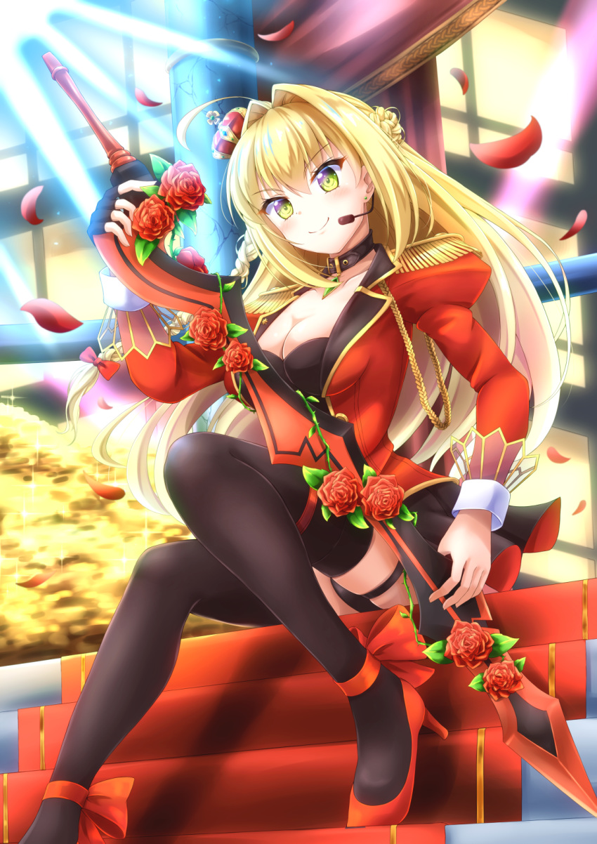 1girl ahoge bangs black_collar black_legwear black_panties blonde_hair braid breasts cleavage collar collarbone commentary_request crown dress eyebrows_visible_through_hair fate/grand_order fate_(series) flower gold gu-rahamu_omega_x hair_intakes hair_ornament highres holding holding_sword holding_weapon indoors long_hair long_sleeves looking_at_viewer medium_breasts microphone mini_crown nero_claudius_(fate) nero_claudius_(fate)_(all) panties puffy_sleeves red_dress red_flower red_footwear red_rose rose shoes sitting sitting_on_stairs smile solo stairs sword thighhighs underwear weapon yellow_eyes