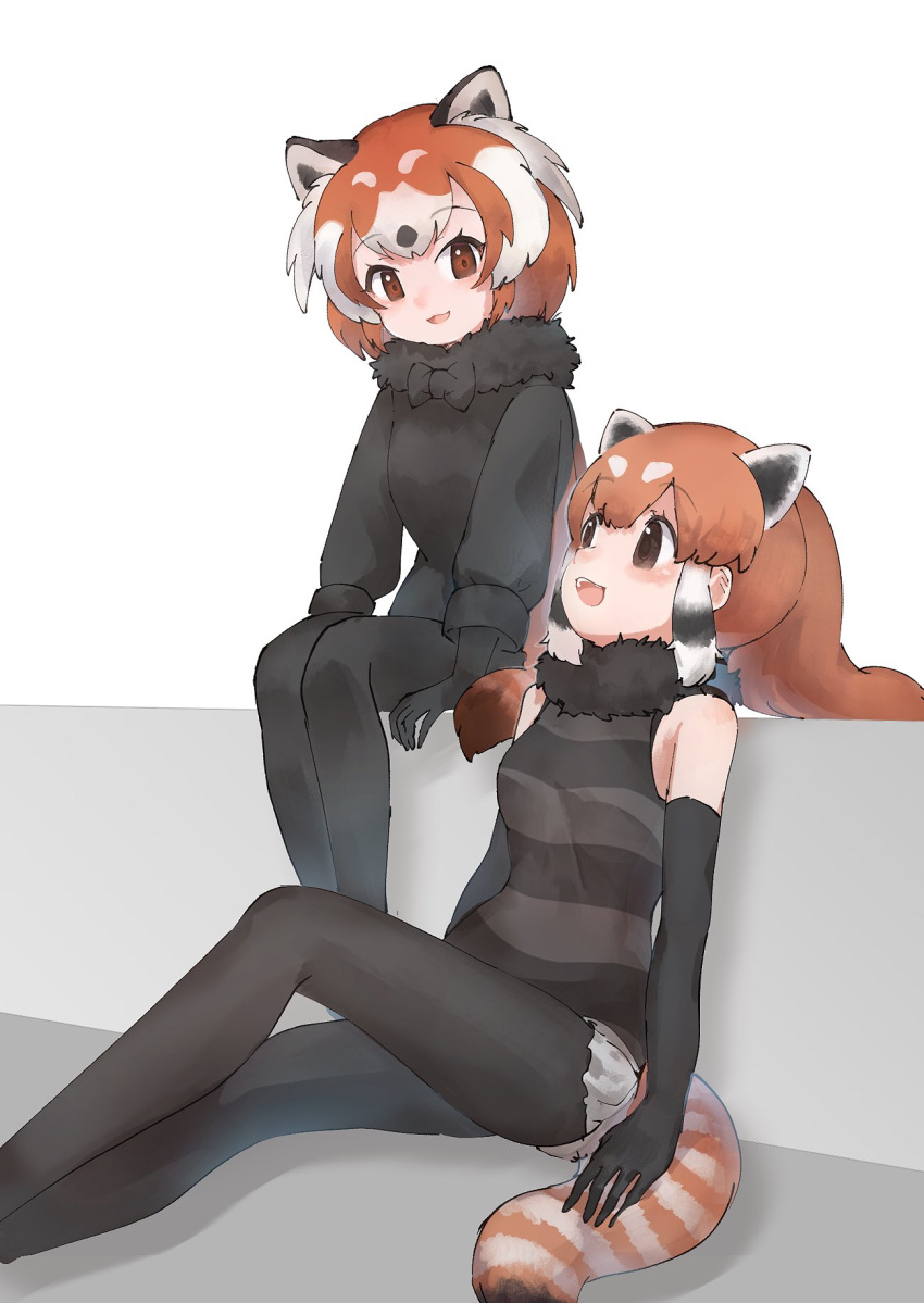 2girls :3 animal_ears bare_shoulders black_fur black_gloves black_legwear black_neckwear black_shirt black_sweater bow bowtie brown_eyes commentary_request elbow_gloves extra_ears eyebrows_visible_through_hair fur_collar gloves highres kemono_friends lesser_panda_(kemono_friends) long_hair long_sleeves looking_at_another multicolored_hair multiple_girls multiple_persona panda_ears panda_girl panda_tail pantyhose red_hair shirt short_hair short_shorts shorts sidelocks sitting sleeveless striped striped_shirt sweater tatsuno_newo white_hair