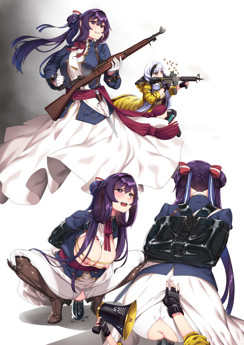 2girls absurdres american_flag aran_sweater ass bangs bdsm blazer blue_dress blunt_bangs bolt_action bondage_mittens bow bowtie breasts cosplay dress fingerless_gloves girls_frontline gloves gun hair_ribbon hie_(hiememiko) hiememiko highres holding_megaphone jacket kantai_collection large_breasts m1903_springfield m1903_springfield_(girls_frontline) m1903_springfield_(girls_frontline)_(cosplay) mittens multicolored_hair multiple_girls murakumo_(kantai_collection) nipple_tweak object_insertion orange_eyes ponytail purple_eyes purple_hair red_bow red_neckwear ribbon rifle ro635 ro635_(girls_frontline) ro635_(girls_frontline)_(cosplay) short_eyebrows sidelocks silver_hair streaked_hair sweater tress_ribbon vaginal vaginal_object_insertion weapon white_dress