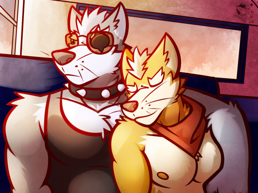 4:3 bus canid canine canis clothed clothing collar commercial_vehicle cuddling duo eye_patch eyewear fox fox_mccloud male mammal neckerchief nintendo public_transportation sleeping spiked_collar spikes star_fox sunglasses sunset topless vehicle vehicle_for_hire ventkazemaru video_games whiskers wolf wolf_o'donnell