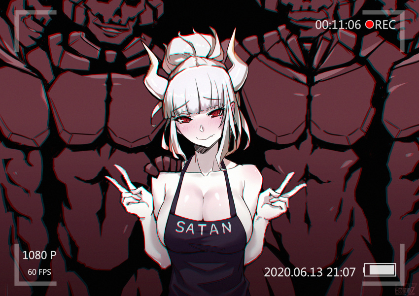 1girl apron bangs bare_arms bare_shoulders black_apron blush breasts character_name cleavage commentary_request dated demon_girl demon_horns double_v eyebrows_visible_through_hair gargoyle hand_on_another's_shoulder helltaker highres horns large_breasts long_hair looking_at_viewer lucifer_(helltaker) mole mole_under_eye naked_apron number recording red_eyes smile sunday_se7en v white_hair white_horns