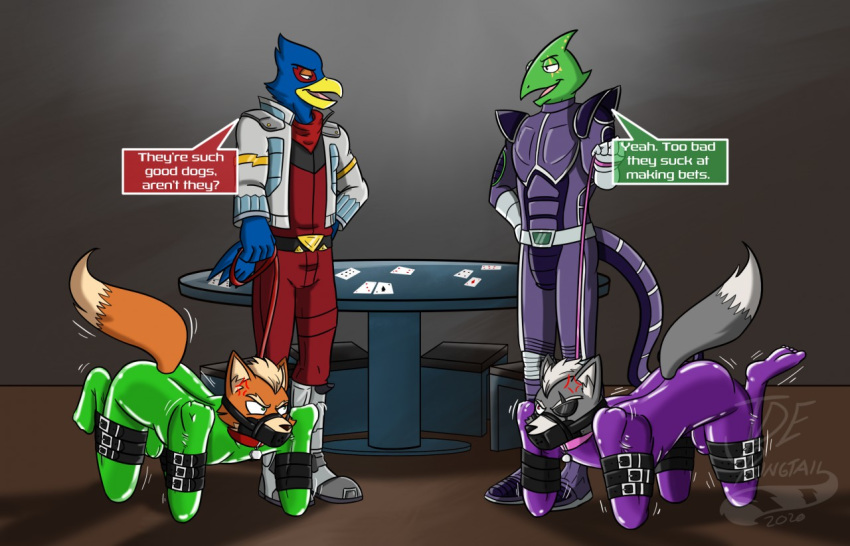 angry anthro avian bdsm bet bird bitchsuit bondage bound canid canine canis collar dialogue embarrassed falco_lombardi fox fox_mccloud group kiyoshiringtail97 leash leon_powalski lizard male male/male mammal nintendo petplay poker puppyplay reptile roleplay scalie star_fox video_games wolf wolf_o'donnell