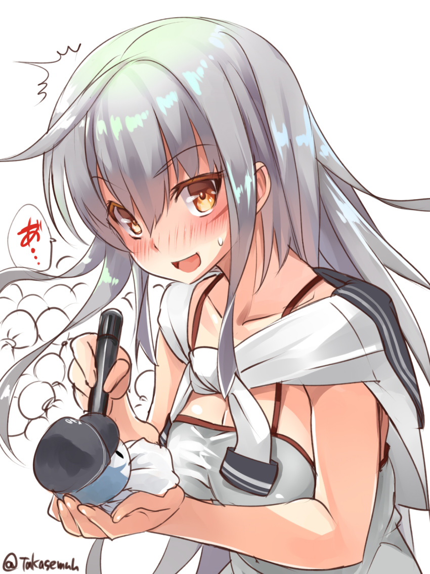 1girl blush camisole commentary_request facial_scar gangut_(kantai_collection) grey_hair highres holding_marker jacket kantai_collection long_hair marker nose_blush orange_eyes scar scar_on_cheek simple_background solo takase_muu teruterubouzu tied_jacket tied_sleeves twitter_username upper_body white_background white_camisole white_jacket