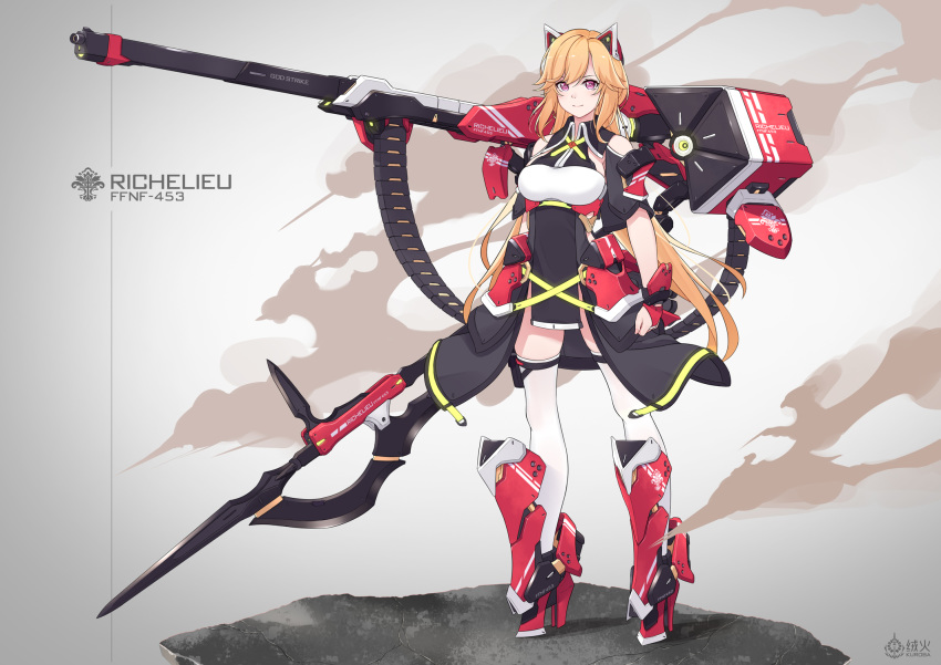 1girl alternate_costume ammunition_belt artist_name azur_lane black_dress breasts cannon character_name dress full_body halberd high_heels highres holding holding_weapon iris_libre_(emblem) kuroba_chihiro large_breasts long_hair looking_at_viewer mecha_musume mechanical_ears orange_hair pink_eyes polearm richelieu_(warship_girls_r) science_fiction sleeveless thighhighs weapon white_legwear