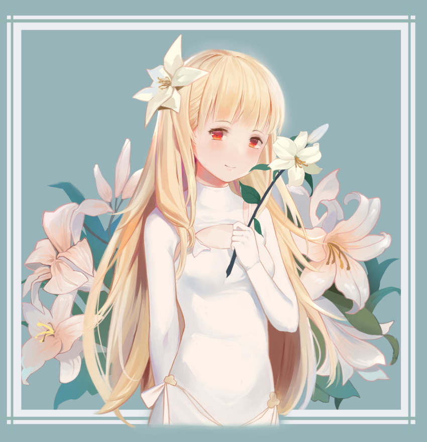 1girl absurdres bangs blonde_hair blunt_bangs dress flower hair_flower hair_ornament highres holding holding_flower leilin lily_(flower) long_hair looking_at_viewer maquia_(sayoasa) orange_eyes outdoors ribbon sayonara_no_asa_ni_yakusoku_no_hana_wo_kazarou smile solo standing upper_body white_dress white_ribbon