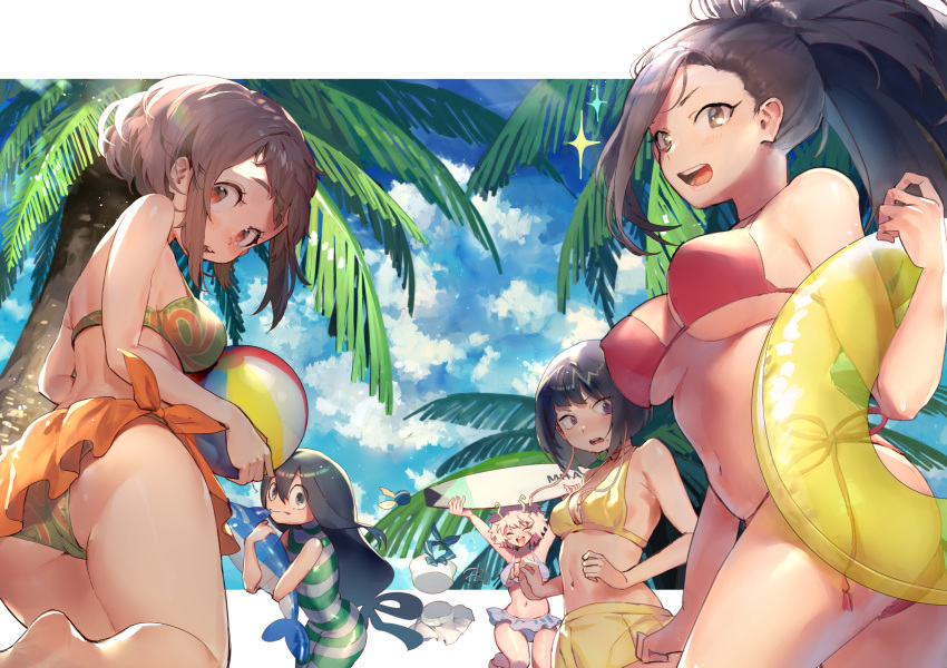 5girls antennae ashido_mina ass asui_tsuyu ball bare_arms bare_legs bare_shoulders barefoot beachball bikini black_eyes black_hair blue_sky boku_no_hero_academia breasts brown_eyes brown_hair closed_eyes cloud cloudy_sky day frilled_bikini frills green_bikini green_swimsuit highres inflatable_dolphin inflatable_toy innertube jirou_kyouka large_breasts long_hair looking_at_viewer looking_back mebaru medium_breasts multiple_girls navel one-piece_swimsuit outdoors palm_tree pink_hair ponytail purple_eyes red_bikini side-tie_bikini sky smile sparkle striped striped_swimsuit summer surfboard swimsuit tree uraraka_ochako very_long_hair yaoyorozu_momo yellow_bikini