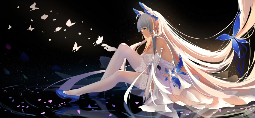 1girl absurdly_long_hair absurdres azur_lane backless_dress backless_outfit blue_eyes blue_footwear breasts bug butterfly cleavage cocktail_dress dress elbow_gloves feathers garter_straps gloves hair_feathers high_heels highres illustrious_(azur_lane) illustrious_(illustrious_ballroom)_(azur_lane) insect large_breasts long_dress long_hair mole mole_under_eye sapphire_(gemstone) sitting solo strapless strapless_dress thighhighs very_long_hair white_dress white_gloves white_hair white_legwear wjn-rance