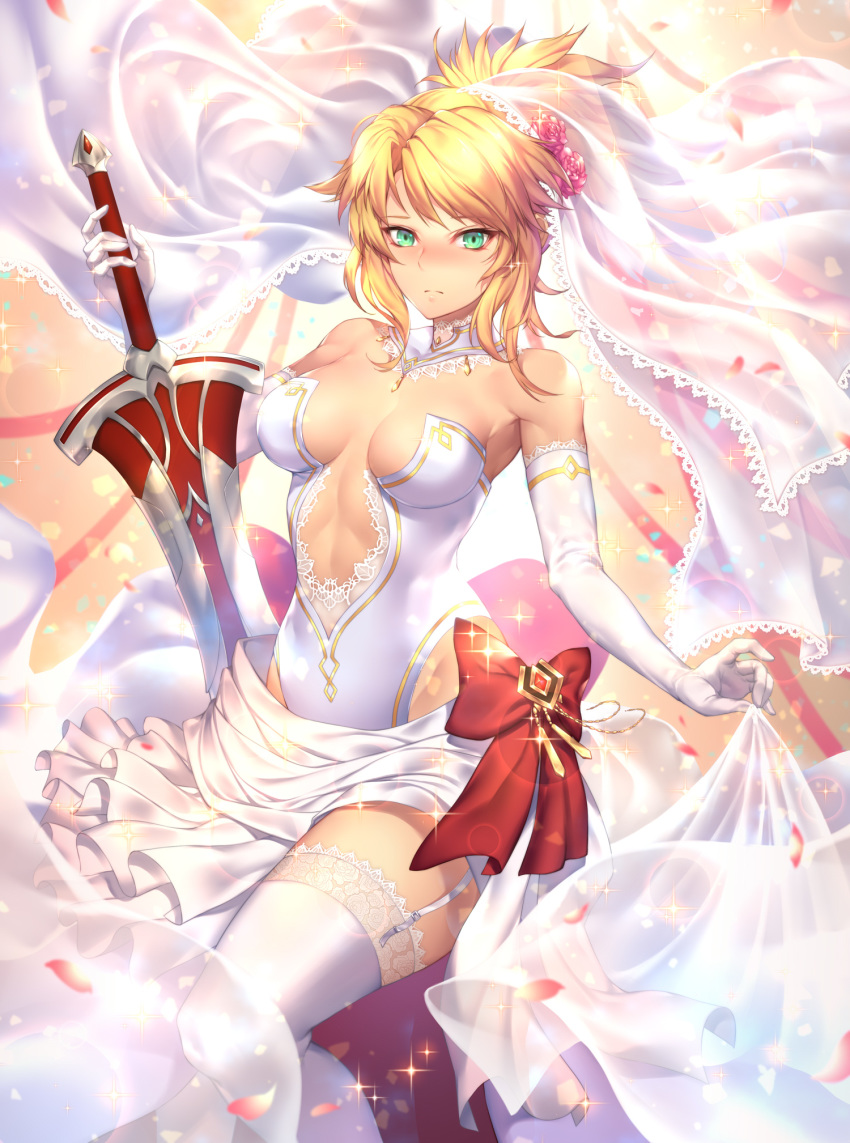 1girl alternate_breast_size bangs blonde_hair blush breasts closed_mouth commentary_request detached_collar dress elbow_gloves fate/apocrypha fate_(series) garter_straps gloves green_eyes highres leotard long_hair looking_at_viewer medium_breasts mordred_(fate) mordred_(fate)_(all) nasaniliu petals simple_background solo sparkle strapless strapless_leotard sword thighhighs tied_hair veil weapon white_gloves white_legwear white_leotard