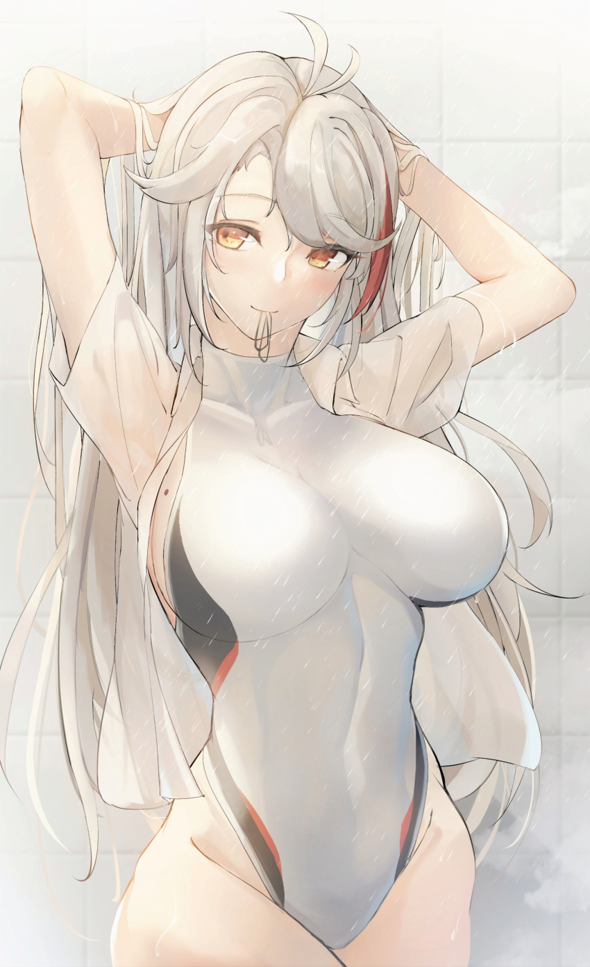 1girl absurdres antenna_hair arms_behind_head arms_up azur_lane bangs blush breasts closed_mouth collared_shirt covered_navel dress_shirt highleg highleg_swimsuit highres large_breasts long_hair looking_at_viewer mole mole_on_breast multicolored_hair one-piece_swimsuit open_clothes open_shirt orange_eyes prinz_eugen_(azur_lane) red_hair shirt short_sleeves silver_hair smile streaked_hair swept_bangs swimsuit wet white_shirt white_swimsuit yusha_(m-gata)