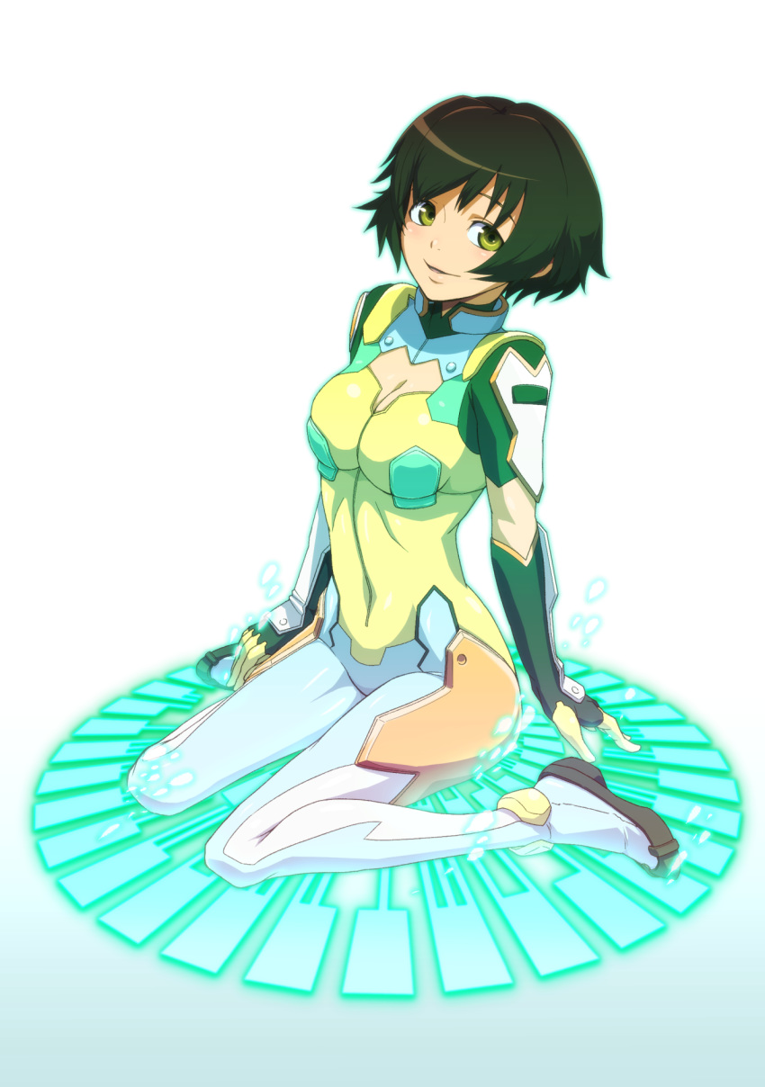 1girl breasts brown_hair cleavage cleavage_cutout highres kaminagi_ryouko kneeling looking_to_the_side looking_up pilot_suit short_hair solo uganda yellow_eyes zegapain