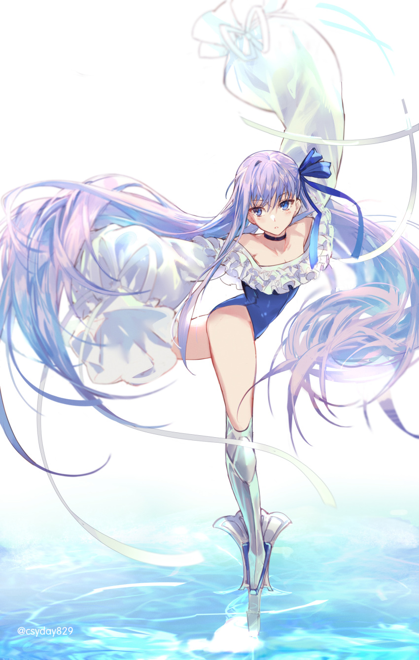 1girl absurdres bangs bare_shoulders blue_eyes blue_ribbon blush breasts choker collarbone csyday fate/grand_order fate_(series) frills greaves hair_ribbon highleg highleg_swimsuit highres legs long_hair long_sleeves looking_to_the_side meltryllis meltryllis_(swimsuit_lancer)_(fate) off-shoulder_swimsuit one-piece_swimsuit parted_lips prosthesis prosthetic_leg puffy_sleeves purple_hair ribbon sleeves_past_fingers sleeves_past_wrists small_breasts standing standing_on_liquid swimsuit very_long_hair water white_ribbon