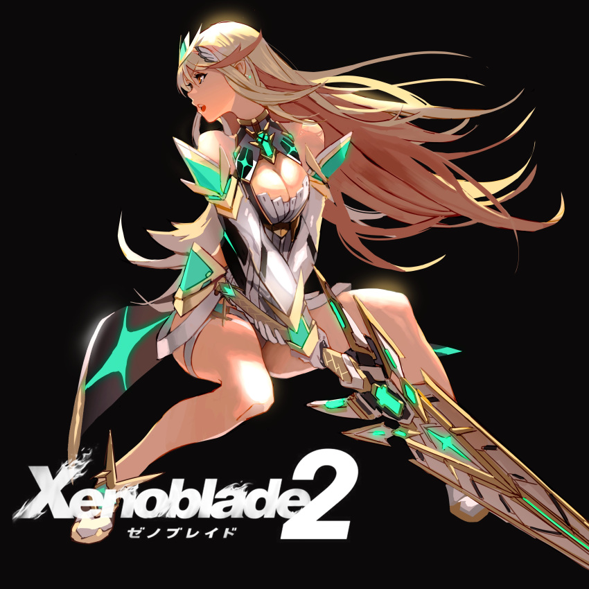 1girl absurdres bangs bare_legs bare_shoulders black_background blonde_hair breasts chest_jewel cleavage cleavage_cutout earrings full_body gem gloves highres hikari_(xenoblade_2) holding holding_sword holding_weapon jewelry laio large_breasts logo long_hair pantyhose simple_background solo swept_bangs sword thigh_strap tiara very_long_hair weapon white_footwear white_gloves xenoblade_(series) xenoblade_2 yellow_eyes