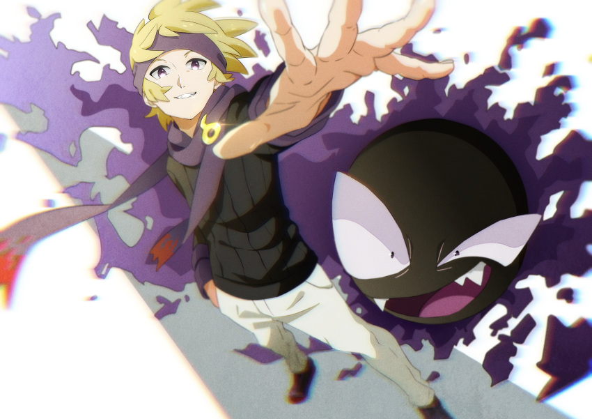 1boy absurdres blonde_hair commentary_request film_grain gastly gen_1_pokemon ghost gym_leader hand_in_pocket headband highres huge_filesize long_sleeves looking_at_viewer matsuba_(pokemon) outstretched_arm pants perspective pokemon pokemon_(creature) pokemon_(game) pokemon_hgss purple_eyes purple_headband purple_scarf scarf short_hair smile spread_fingers standing tamaru_(user_nkxd4384) teeth white_background white_pants