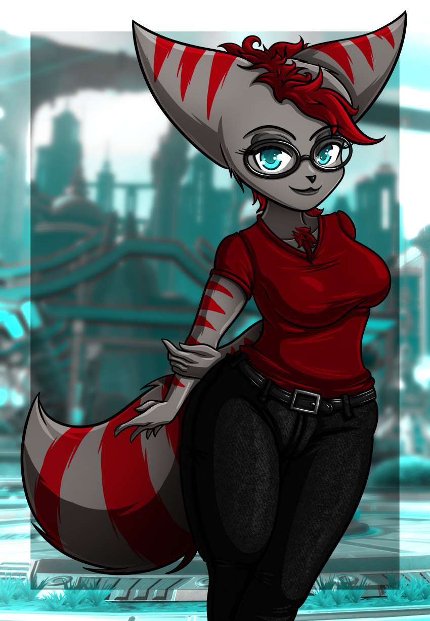 absurd_res anthro belt bottomwear breasts clothing eyewear glasses hi_res jeans lombax mammal pants ratchet_and_clank shirt solo standing topwear video_games xexus