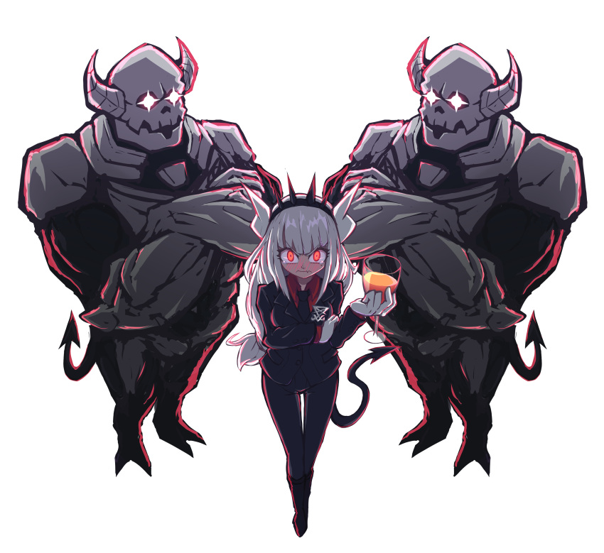 1girl 2boys absurdres black_footwear black_pants blush crossed_arms crown cup demon_tail drinking_glass frown glorious_success gloves helltaker highres horns krr316 looking_at_viewer lucifer_(helltaker) multiple_boys pants red_eyes red_shirt shirt skeleton_(helltaker) tail transparent_background white_gloves white_hair wine_glass
