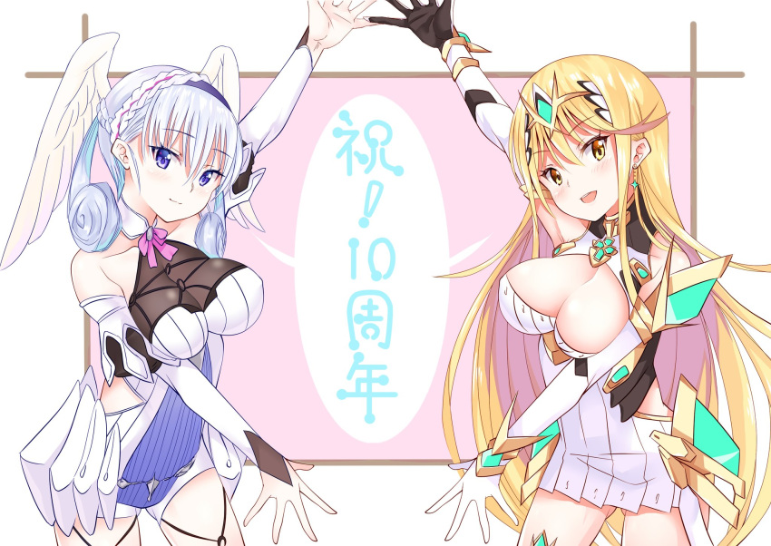 2girls blonde_hair blue_eyes breasts daive dress gloves highres hikari_(xenoblade_2) large_breasts melia multiple_girls silver_hair thighhighs white_dress wings xenoblade_(series) xenoblade_1 xenoblade_2 yellow_eyes