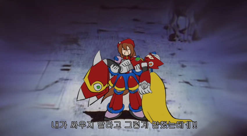 1boy 1girl blonde_hair brown_hair carrying closed_eyes eyebrows_visible_through_hair hair_between_eyes hand_on_own_chest iris_(rockman_x) korean_text long_hair maeeeeeeeeng meme open_clothes open_mouth ponytail princess_carry robot rockman rockman_x rockman_x4 role_reversal sad shouting skirt tagme translation_request x_x zero_(rockman)