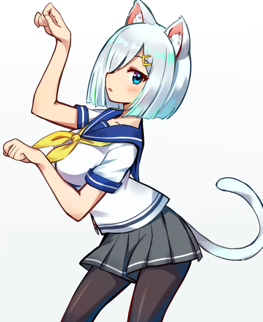 1girl animal_ear_fluff animal_ears black_legwear blue_eyes blue_sailor_collar blush breasts cat_ears cat_tail grey_skirt gyunre hair_ornament hairclip hamakaze_(kantai_collection) highres kantai_collection large_breasts neckerchief open_mouth pantyhose paw_pose pleated_skirt sailor_collar school_uniform serafuku short_hair short_sleeves silver_hair simple_background skirt solo tail white_background yellow_neckwear