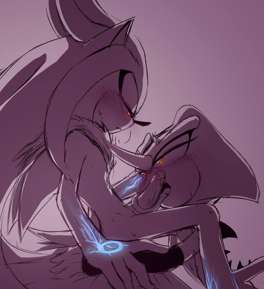 blush chest_tuft duo espio_the_chameleon eye_contact fellatio genitals hi_res intimate long_toungue looking_at_another male male/male oral penile penis romantic_ambiance romantic_couple royalbootlace sex silver_the_hedgehog simple_background sonic_the_hedgehog_(series) tuft