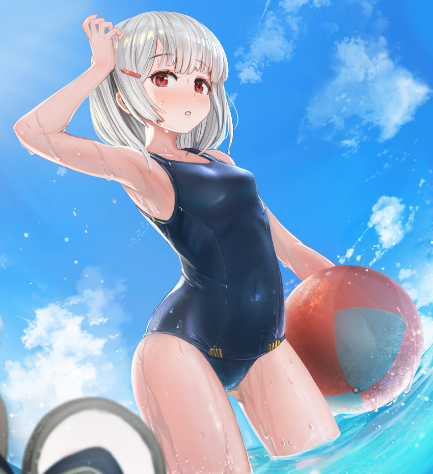 1girl animal_ears arm_up armpits ass_visible_through_thighs ball bangs beachball blue_sky blue_swimsuit blush breasts cloud collarbone covered_navel day eyebrows_visible_through_hair fake_animal_ears granblue_fantasy hair_ornament hairclip headwear_removed highres holding holding_ball looking_at_viewer mouse_ears ocean old_school_swimsuit one-piece_swimsuit outdoors parted_lips red_eyes school_swimsuit short_hair silver_hair sky small_breasts solo standing sugawara_you swimsuit vikala_(granblue_fantasy) wading water wet