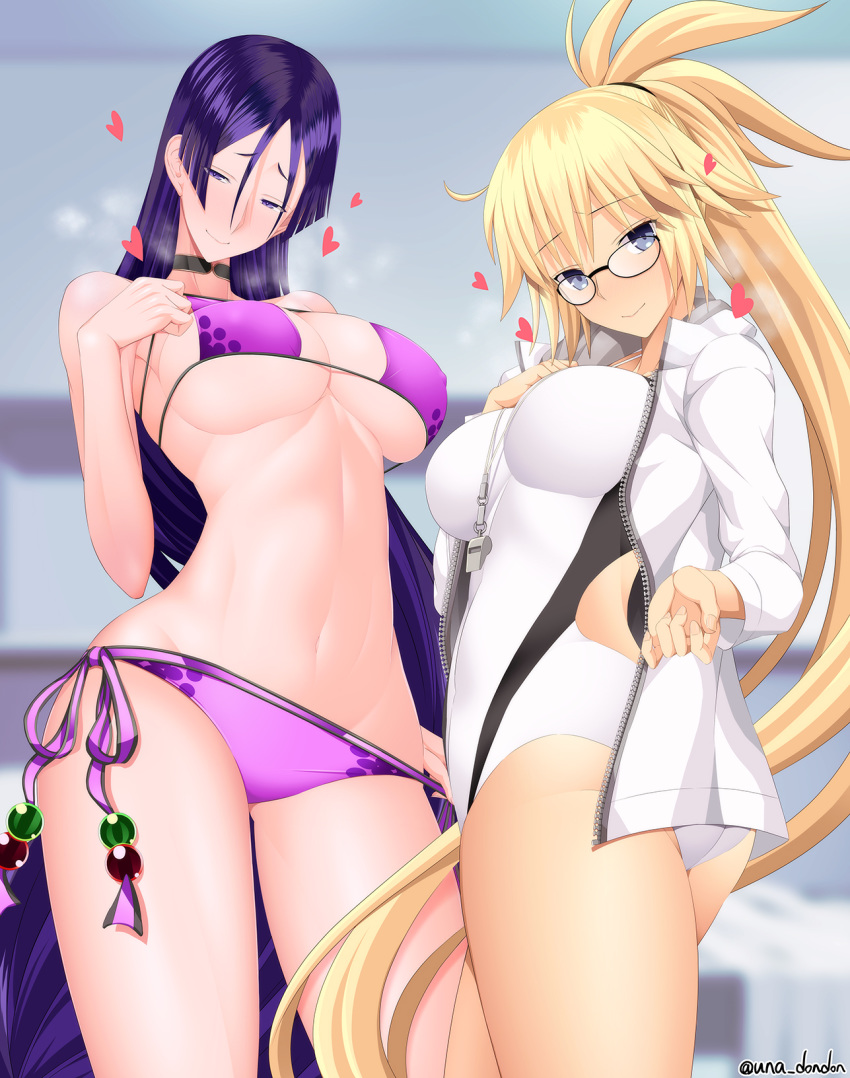 2girls artist_name ass bad_proportions bangs bikini blonde_hair blue_eyes blush breasts choker competition_swimsuit fate/grand_order fate_(series) glasses hair_between_eyes hand_up heart highres indoors jacket jeanne_d'arc_(fate)_(all) jeanne_d'arc_(swimsuit_archer) large_breasts long_hair looking_at_viewer minamoto_no_raikou_(fate/grand_order) minamoto_no_raikou_(swimsuit_lancer)_(fate) multiple_girls navel one-piece_swimsuit ponytail purple_bikini purple_eyes purple_hair side-tie_bikini swimsuit swimsuit_pull unadon very_long_hair whistle white_jacket white_swimsuit