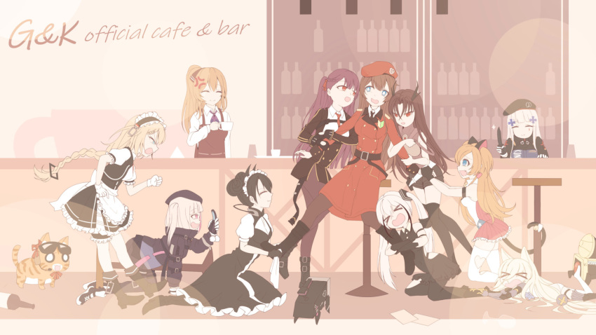 &gt;_&lt; 6+girls agent_(girls_frontline) all_fours arm_hug belt beret black_footwear black_hair black_headwear black_jacket black_legwear blonde_hair blue_eyes boots braid brown_hair cat closed_eyes closed_mouth cup destroyer_(girls_frontline) dinergate_(girls_frontline) double_bun dress executioner_(girls_frontline) facial_mark female_commander_(girls_frontline) girls_frontline gloves harem hat highres hk416_(girls_frontline) holding holding_cup holding_knife jacket kalina_(girls_frontline) kneeling knife leg_hug long_hair long_sleeves m1903_springfield_(girls_frontline) maid maid_headdress mdr_(girls_frontline) military military_uniform multiple_girls open_mouth pantyhose puffy_short_sleeves puffy_sleeves purple_hair red_eyes red_headwear sangvis_ferri short_hair short_sleeves sitting smile sunglasses thighhighs twintails uniform wa2000_(girls_frontline) white_gloves white_hair white_legwear wo_you_yibei_jia_wanli