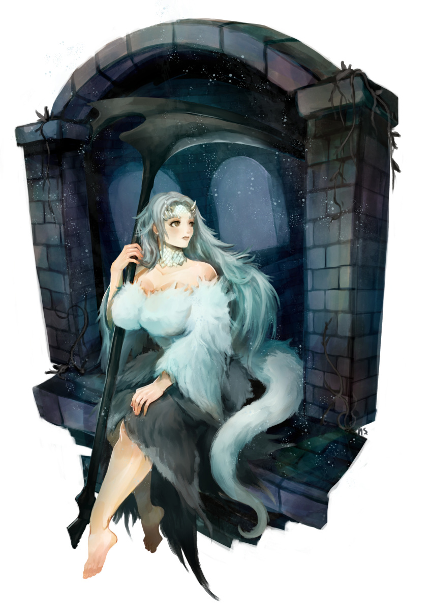 absurdres arch bare_shoulders barefoot breasts brick brown_eyes dark_souls hand_on_own_knee highres horns large_breasts looking_to_the_side nightmaresyrup priscilla_the_crossbreed scythe setz slit_pupils souls_(from_software) tail white_fur white_hair