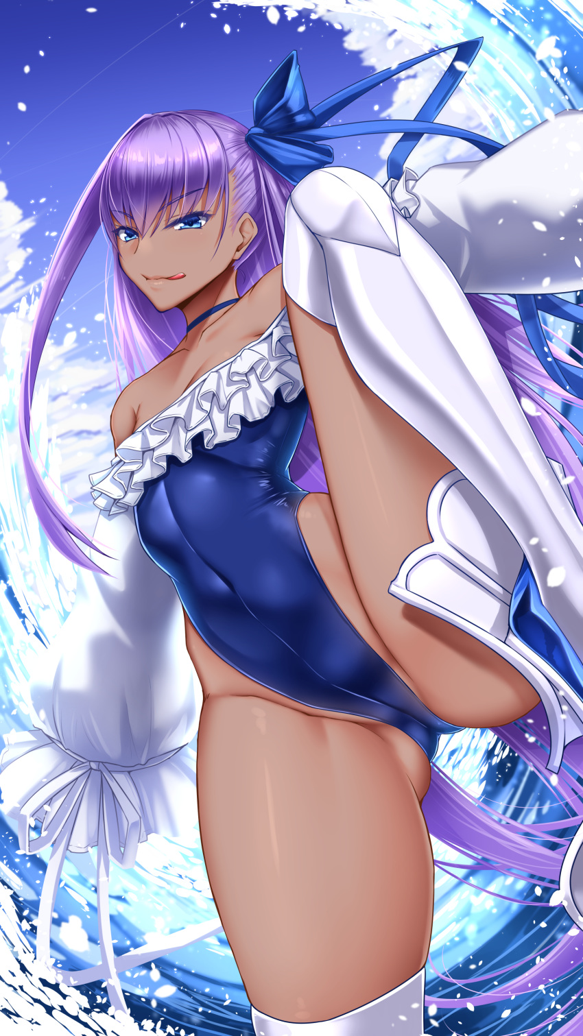 1girl :q absurdres alternate_skin_color ass_visible_through_thighs bangs bare_shoulders blue_bow blue_choker blue_eyes blue_ribbon blue_sky blue_swimsuit blush bow breasts choker closed_mouth cloud cloudy_sky collarbone covered_navel dark_skin day eyebrows_visible_through_hair eyelashes fate/grand_order fate_(series) frills greaves hair_between_eyes hair_ribbon half-closed_eyes highleg highleg_swimsuit highres knee_up leg_lift leg_up licking_lips long_hair long_sleeves looking_at_viewer meltryllis meltryllis_(swimsuit_lancer)_(fate) one-piece_swimsuit outdoors prosthesis prosthetic_leg purple_hair ribbon shuugetsu_karasu sidelocks sky sleeves_past_fingers sleeves_past_wrists small_breasts smile solo split standing standing_on_one_leg standing_split strapless strapless_swimsuit swimsuit thighs tongue tongue_out very_long_hair water water_drop waves